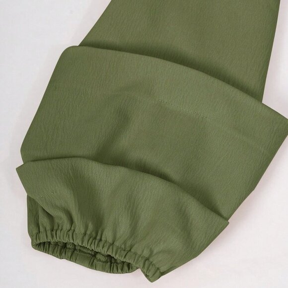 Army Green Elegant Women's Casual Solid Color Lantern Sleeve Jumpsuit - Picture 6 of 9